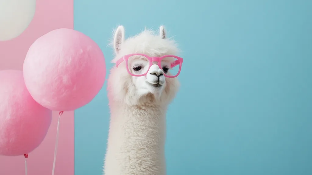 A fluffy white alpaca, wearing pink glasses, is the focal point against a pastel blue background.  Several pale pink balloons are clustered to the left, partially obscuring a pink and white background. The scene is light, airy, and whimsical, suggesting a celebratory or playful mood. The alpaca's expression is serene, adding to the overall cheerful atmosphere of the image.