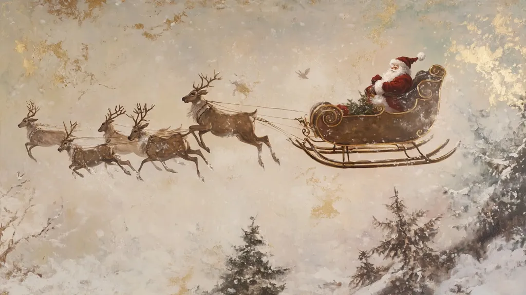 Here's a description of the image:

A serene Christmas scene depicts Santa Claus, in his red suit, comfortably seated in a golden sleigh.  Four reindeer, depicted in muted browns and whites, pull the sleigh through a soft, snow-filled sky. The background hints at a snowy landscape with evergreen trees in the distance. The overall palette is muted and warm, creating a peaceful and whimsical atmosphere.  The style is reminiscent of classic Christmas illustrations, evoking a sense of nostalgia and holiday magic.