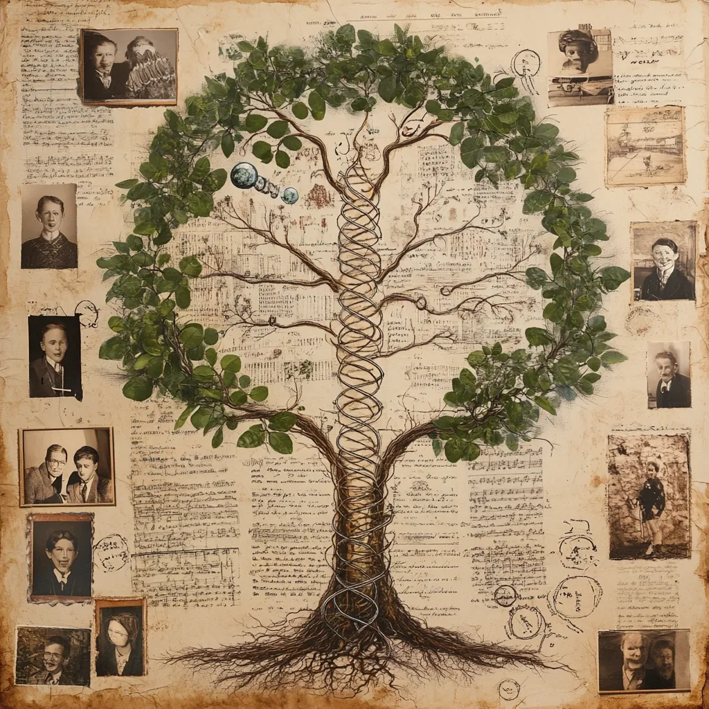 This artwork depicts a stylized family tree, its trunk formed by a DNA double helix.  The tree's branches are laden with small green leaves, and its roots spread across the bottom.  Surrounding the tree are numerous sepia-toned photographs of various people, likely family members, interspersed with handwritten notes, musical scores, and other ephemera. The overall effect is one of rich history and interwoven family connections, visually presented as a blend of scientific and artistic elements on an aged, textured background.