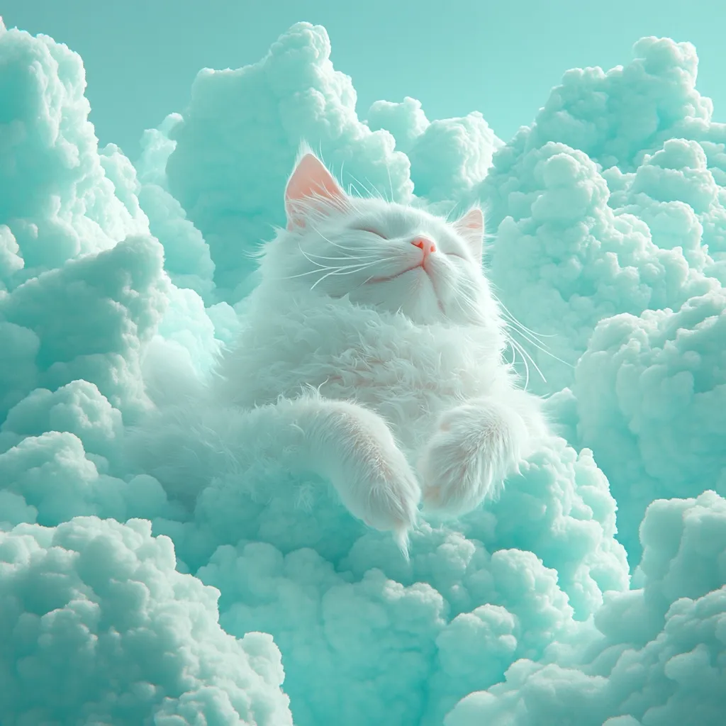 A serene white cat, eyes closed in peaceful slumber, is nestled within a fluffy, pastel-aqua cloud formation. The cat's paws are tucked neatly beneath its chin, suggesting contentment. The soft, dreamy light enhances the ethereal quality of the image, creating a whimsical and calming scene. The overall effect is one of pure tranquility and fantastical beauty.