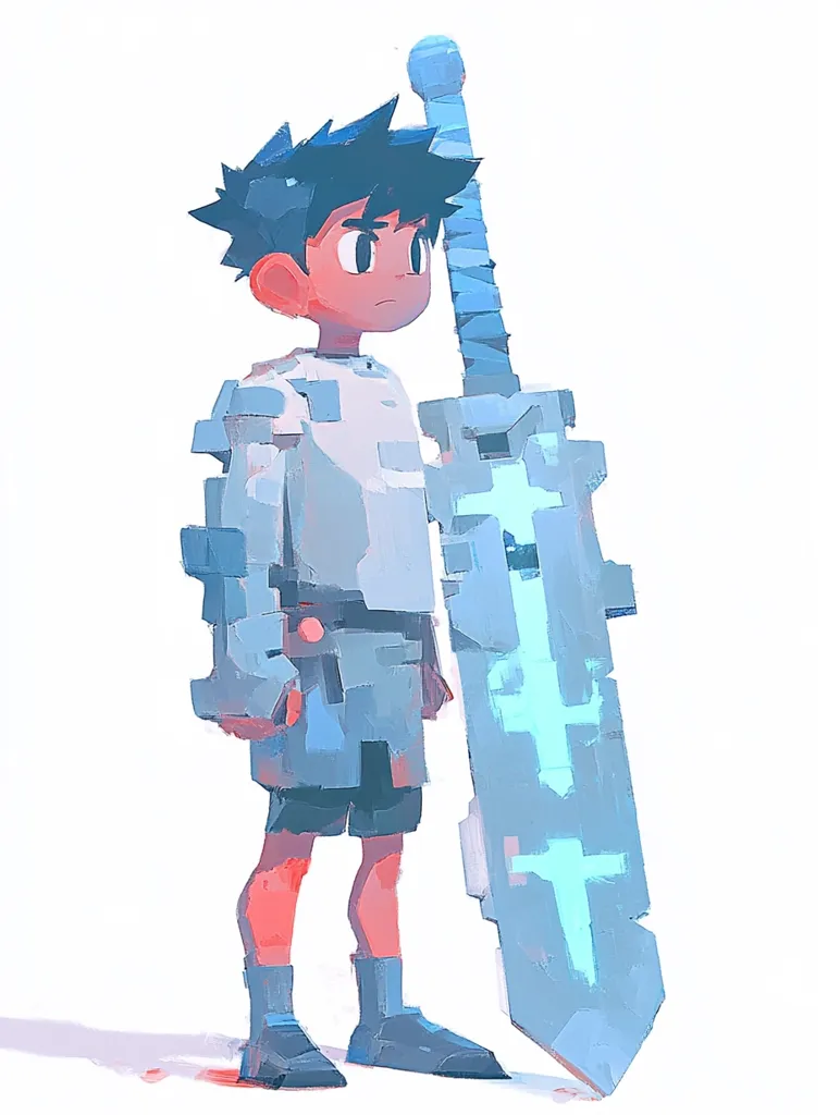 A stylized illustration depicts a young boy, possibly a video game character, standing with a large, light-blue sword.  The boy's design is simplistic, with blocky features and a muted color palette of pale blues and muted reds.  His clothing suggests armor plating on his shoulders and arms.  The oversized sword has a distinct, almost pixelated texture, contrasting with the softer rendering of the boy. The overall style suggests a blend of low-poly and painterly techniques, creating a unique visual aesthetic.
