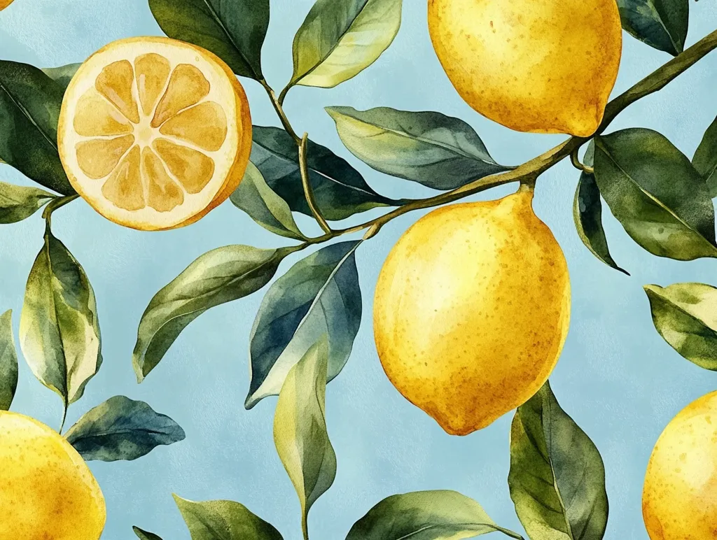 A watercolor painting depicts a vibrant lemon tree branch against a pale blue background.  Ripe, yellow lemons and a juicy lemon slice are showcased, their bright hues contrasting beautifully with the deep green, textured leaves. The overall style is realistic yet artistic, emphasizing the natural beauty of the citrus fruit and foliage.  The lemons appear heavy and juicy, hanging from the branches.