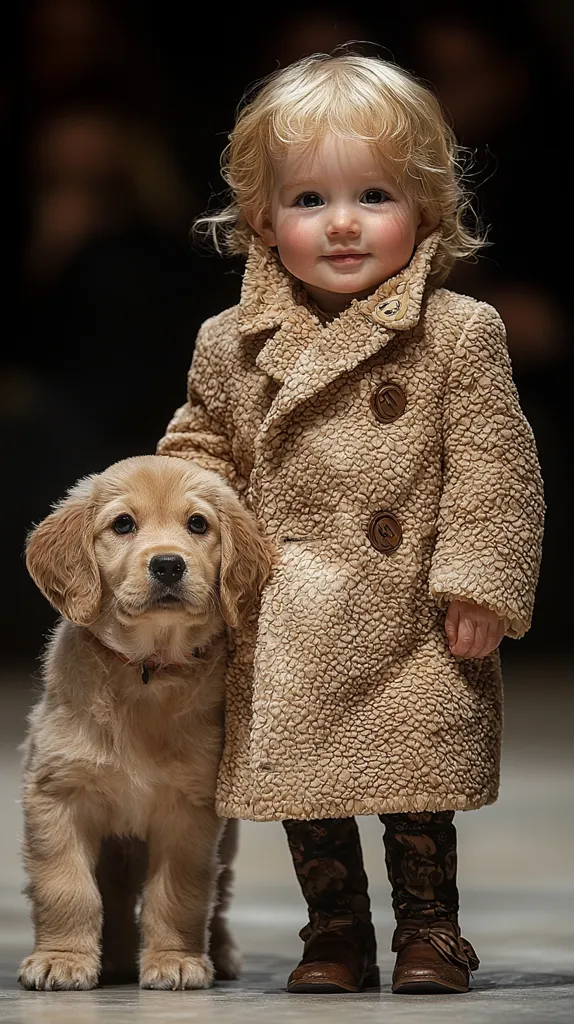 A toddler with blonde, curly hair stands beside a golden retriever puppy.  Both are dressed in shades of beige. The child wears a fluffy, double-breasted coat and brown boots with patterned tights. The puppy is light brown and fluffy, standing calmly next to the child. The background is dark and out of focus, emphasizing the pair in the foreground.  The image evokes a sense of warmth and innocence.