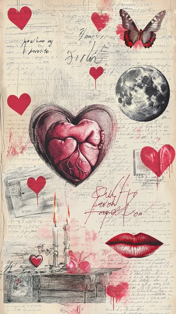 This image is a collage of romantic and anatomical elements. A realistic drawing of a human heart dominates the center, framed by a larger heart shape.  Scattered across a background of handwritten text and blots of red paint are smaller hearts, a butterfly, a full moon, lit candles on a table, and a pair of red lips.  The text includes handwritten notes and declarations of love, creating a visually rich and emotionally charged composition.  The overall style is vintage and slightly macabre, blending the tender with the anatomical.