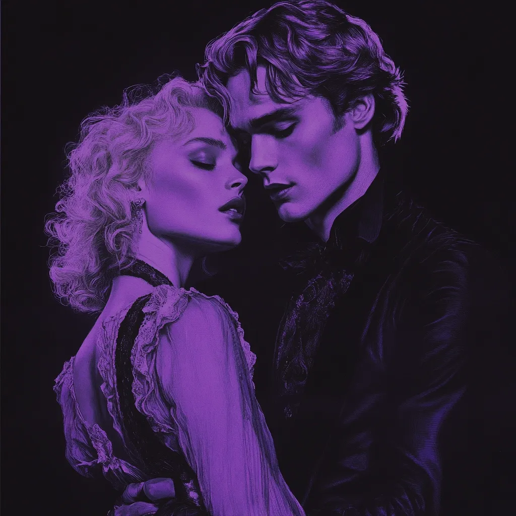 Here's a description of the image:

The image showcases a close-up portrait of a couple, bathed in a monochromatic purple hue.  A woman with voluminous, blonde, curly hair, dressed in a lacy, dark-colored gown, is intimately close to a man with dark, wavy hair styled back from his forehead. He is attired in dark clothing suggestive of a period piece. Their faces are near each other, their eyes are closed, and they appear to be sharing a tender moment. The overall mood is romantic and mysterious, enhanced by the dramatic lighting and color palette. The style is reminiscent of a painted portrait or a stylized film still.