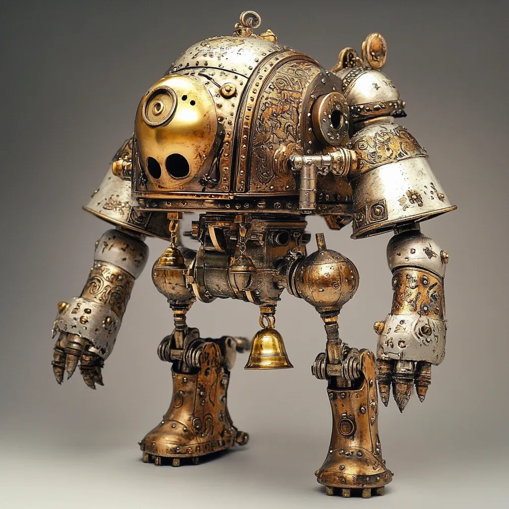 Here's a description of the image:

The image shows a meticulously crafted steampunk automaton, a small robot with a rounded, dome-like head and ornate, metallic body.  The robot is predominantly bronze and silver, with intricate detailing including engraved patterns, rivets, pipes, and gears.  The design is reminiscent of antique clockwork mechanisms, featuring a bell hanging from the center of its body. Its clawed hands and sturdy legs give it a charming yet imposing presence. The overall aesthetic is one of sophisticated craftsmanship and fantastical engineering.
