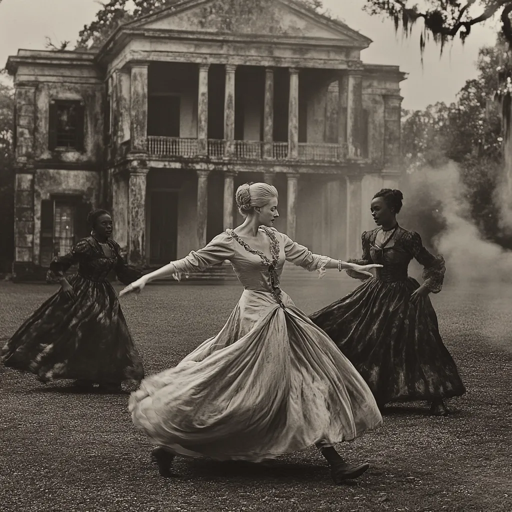 Here's a description of the image:

A monochrome photograph captures three women in flowing 19th-century-style gowns. The central figure, a blonde woman, is in motion, her light-colored dress swirling around her as she seems to lead or interact with the two darker-dressed women flanking her.  The women are positioned before a large, weathered, colonial-style mansion, hinting at a historical or possibly gothic setting. A misty or smoky atmosphere adds to the dramatic and somewhat mysterious mood. The overall aesthetic is evocative of a period drama or a scene from a historical novel.