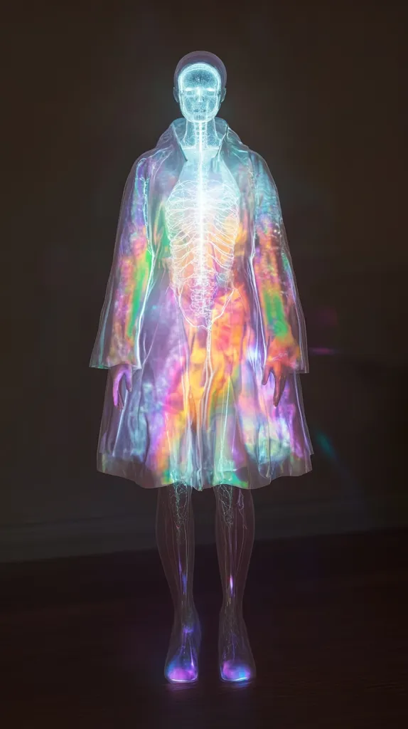 The image shows a figure, seemingly female, clad in a translucent, iridescent coat.  The garment glows with vibrant, multi-colored light, revealing an underlying anatomical structure—a skeletal and vascular system—visible through the fabric. The figure is standing on a dark floor, the ethereal glow illuminating the scene. The overall effect is otherworldly, suggesting a merging of the body and technology, or perhaps a visualization of inner workings.