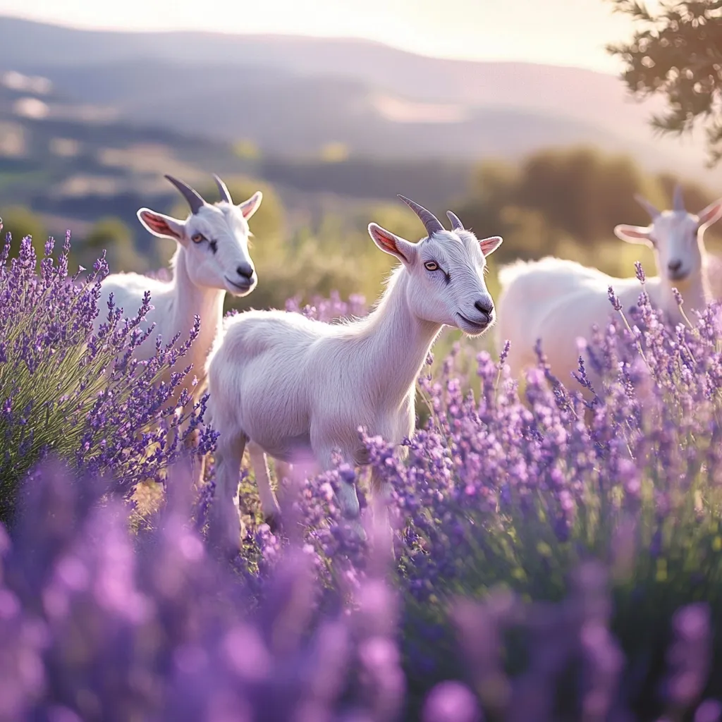 Three white goats stand amidst a vibrant field of purple lavender.  Bathed in warm, golden sunlight, the goats appear serene and peaceful.  The rolling hills in the background create a picturesque pastoral scene. The focus is on the goats, particularly one in the foreground, with the lavender adding depth and color to the image.  It evokes a sense of tranquility and natural beauty.