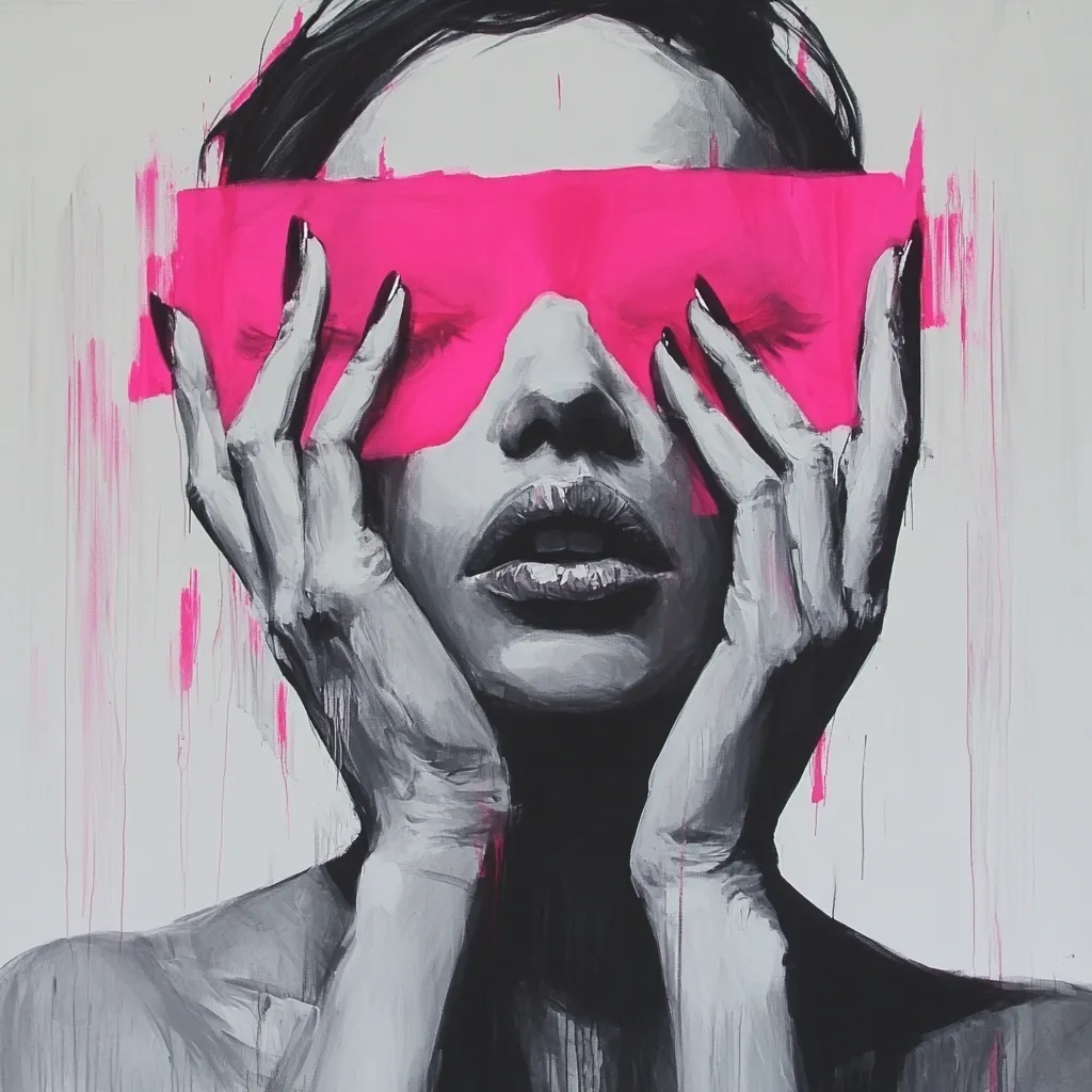 Here's a description of the image:

The artwork is a striking portrait of a woman, rendered in grayscale with a vibrant pop of color.  Her face is depicted in a realistic style, with detailed features and expressive eyes obscured by a bold, hot pink rectangular shape suggesting oversized sunglasses or a mask.  Her hands gently cradle this pink element, framing her face.  The background features expressive brushstrokes, creating a sense of movement and energy that contrasts with the stillness of the figure. The overall style blends realism with abstract elements, creating a modern and intriguing piece.