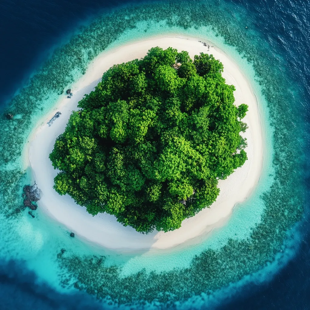 Here's a description of the image:

An aerial shot captures a small, idyllic island nestled in a vibrant turquoise ocean.  A lush, dense cluster of vibrant green trees occupies the island's center, encircled by a pristine white sand beach.  The surrounding water is a stunning gradient of turquoise and teal, showcasing a coral reef's intricate texture near the shore.  The overall scene evokes a sense of tranquility and untouched natural beauty.