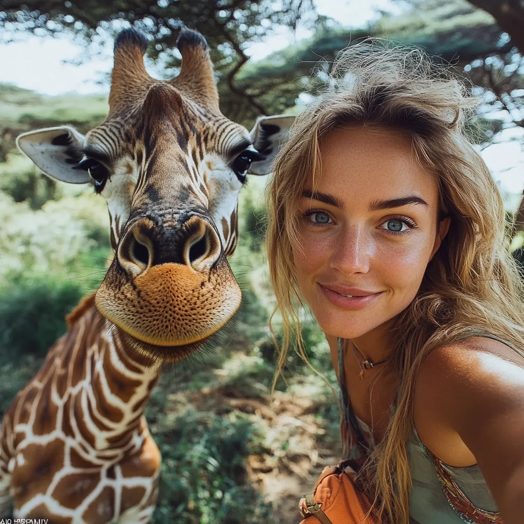 Here's a description of the image:

A close-up selfie features a young woman with long, blonde hair and natural makeup smiling gently beside a giraffe's face. The giraffe fills a significant portion of the frame, its large, expressive eyes and textured nose prominent. The woman's expression is friendly and approachable, suggesting a comfortable interaction with the animal.  The background is blurred but shows a lush, green African landscape with trees. The overall mood is warm and inviting, portraying a connection between human and wildlife.