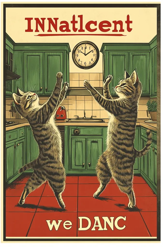 Here's a description of the image:

The image is a vintage-style poster featuring two tabby cats playfully dancing in a retro kitchen.  The cats are anthropomorphized, standing on their hind legs, their paws raised in a lively pose.  The kitchen has dark green cabinets, a red tiled floor, and a simple clock on the wall.  The text "INNatlcent" is prominently displayed at the top, and "we DANC" at the bottom, suggesting a playful, whimsical theme.  The overall style is reminiscent of old advertisements or propaganda posters, with bold colors and a slightly cartoonish feel.
