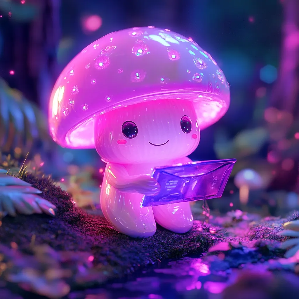 A whimsical, glowing mushroom creature sits in a dark, magical forest.  Its cap is a soft pink, illuminating its cute, smiling face and small body.  The mushroom holds a purple, translucent object resembling a tablet or book.  The scene is bathed in vibrant purple and pink hues, creating a fantastical and enchanting atmosphere.  Small, glowing particles drift in the air, adding to the overall ethereal beauty.