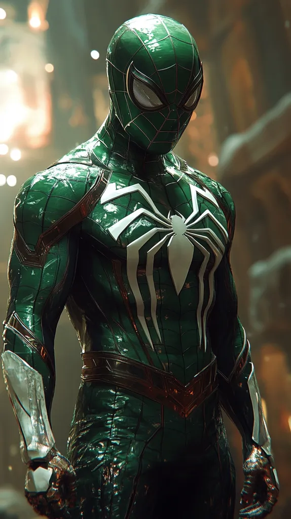 A digital rendering depicts Spider-Man in a striking emerald green suit.  The suit is sleek and detailed, featuring metallic accents in bronze and silver, primarily on the arms and waist. A large, white spider emblem is prominently displayed on the chest. The background is blurred, suggesting an urban, possibly nighttime setting with hints of fire or explosions. The overall image is dark and dramatic, highlighting the superhero's imposing figure.