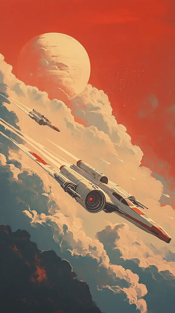 Here's a description of the image:

The artwork depicts two futuristic spacecraft soaring through a vibrant, cloud-filled sky. The larger ship dominates the foreground, its white body accented with red stripes, leaving a contrail as it flies. A smaller, similar ship is visible in the distance.  Above, a large, pale-yellow planet hangs in a fiery orange sky, casting a warm glow on the scene. Darker clouds gather below, creating a dramatic contrast with the lighter clouds and celestial bodies above. The overall style is painterly, with visible brushstrokes and a focus on atmospheric perspective.