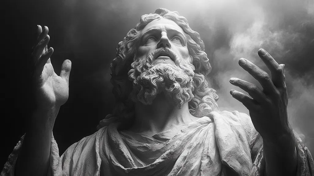 A dramatic black and white image depicts a sculpted figure, possibly representing God or a similar deity.  The figure's head is tilted back, arms raised in a gesture of supplication or benediction.  Intricate details are visible in the flowing beard, hair, and draped robes. A hazy, smoky background adds to the ethereal and powerful mood of the piece, highlighting the figure against the dark backdrop. The lighting emphasizes the figure's face and hands.