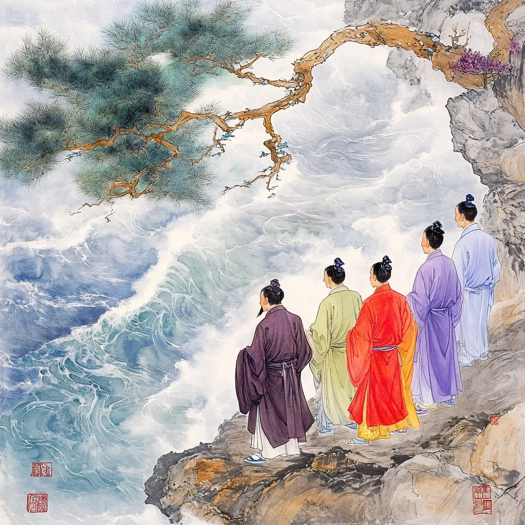 Here's a description of the image:

The painting depicts a serene yet dramatic scene. Five figures, dressed in flowing, vibrant robes of various colors – purple, light green, red, and pale blue – stand on a rocky cliff overlooking a turbulent sea.  Large waves crash against the rocks below. Above, a gnarled pine tree stretches out its branches, its dark green needles contrasting with the lighter tones of the sky and water.  The overall style is evocative of traditional East Asian painting, with soft washes of color and detailed brushwork.  The figures appear contemplative, their backs to the viewer, as they gaze at the powerful ocean before them.