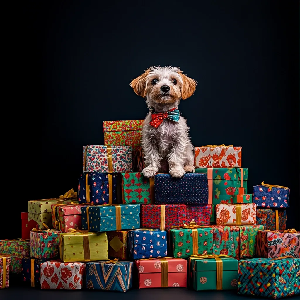 A fluffy, light brown Yorkshire Terrier, wearing a festive red and blue bow tie, sits atop a large pile of vibrantly wrapped gifts.  The presents are various shapes and sizes, boasting colorful patterns and gold ribbons.  The dog gazes directly at the camera against a dark background, creating a striking contrast and a charming holiday image. The scene suggests a celebratory and joyful atmosphere.
