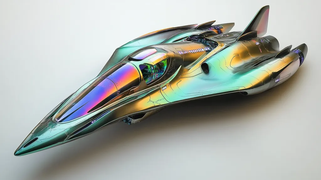 Here's a description of the image:

The image showcases a futuristic spacecraft, rendered in striking detail.  Its sleek, aerodynamic design features sharp angles and curves, culminating in a pointed nose. The craft is coated in an iridescent paint job that shifts between teal, gold, and rainbow hues, giving it a vibrant, otherworldly appearance. Visible details include a cockpit canopy, engine nacelles, and subtle panel lines suggesting advanced technology.  The spaceship rests on a plain white background, highlighting its form and color.  The overall impression is one of speed, elegance, and advanced technological sophistication.