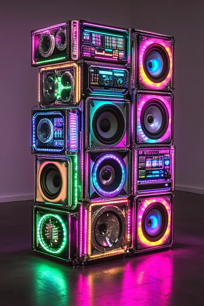A vibrant, multicolored sculpture resembling a towering stack of stereo systems is the focal point.  Each cube-like unit features speakers and audio components encased in shimmering, possibly mirrored, frames outlined with bright LED lights in varying colors—pink, green, and blue dominate. The overall effect is a dazzling display of light and sound, suggesting a celebration of music and technology.  The polished floor reflects the sculpture's radiant glow.