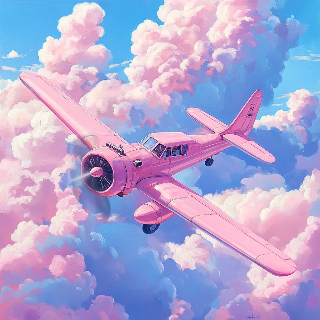 A vibrant, stylized painting depicts a pastel pink airplane soaring through a dreamy sky filled with fluffy, cotton-candy-like clouds.  The plane, a propeller-driven single-engine aircraft, appears vintage yet whimsical. Two figures are visible within the cockpit. The overall aesthetic is light, airy, and evokes a sense of carefree joy and whimsical adventure. The sky is a soft blue, enhancing the pastel palette.