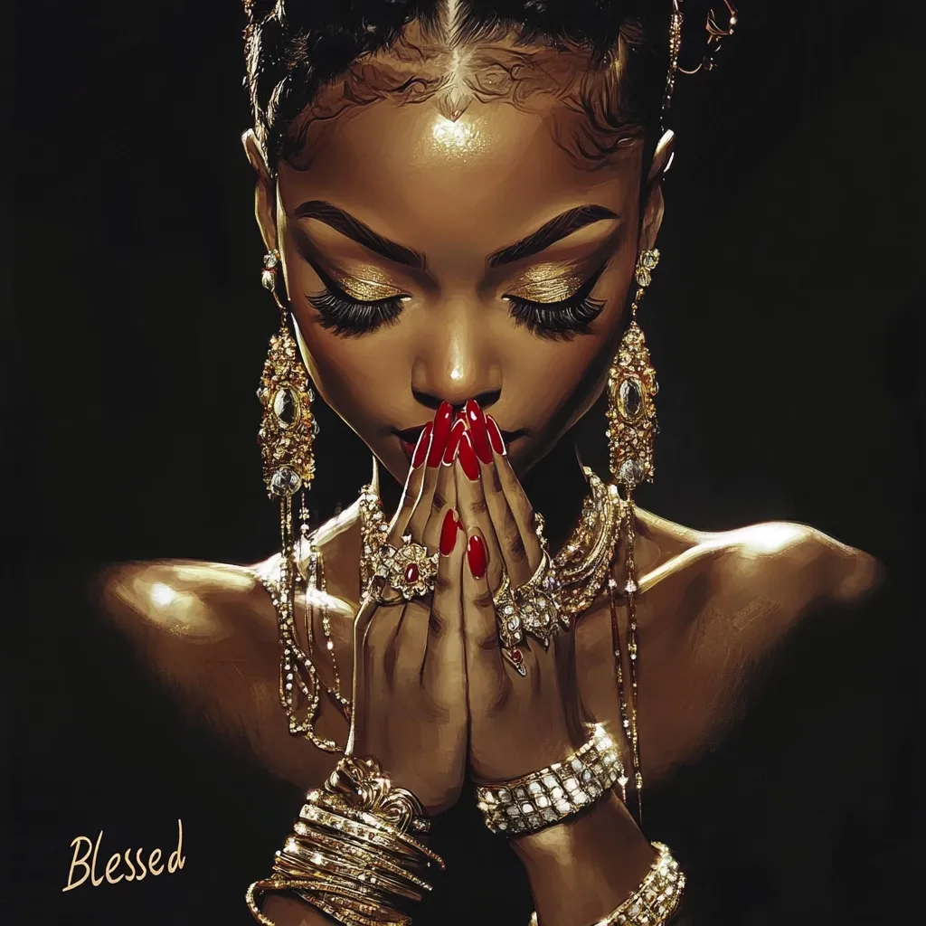 A stylized portrait depicts a Black woman with her hands clasped in prayer.  She's adorned in opulent gold jewelry: earrings, necklaces, bracelets, and rings, all sparkling against her dark skin.  Her eyes are closed, and she has long lashes and red nails.  The background is dark, focusing attention on the woman and her elaborate adornments. The word "Blessed" is subtly placed in the bottom left corner.  The overall mood is serene and spiritual.