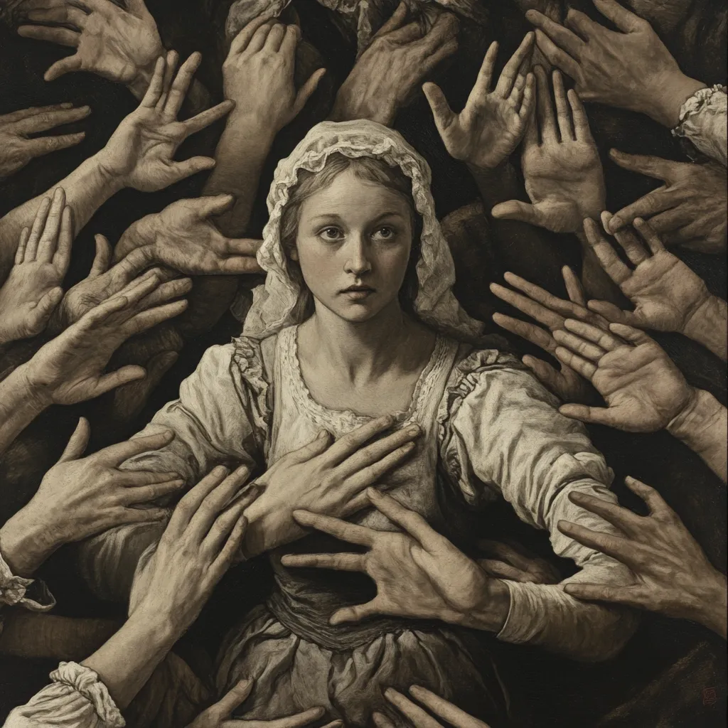 A young woman, clad in a white bonnet and a light-colored gown, stands as the central focus of the artwork. Her expression is one of apprehension or sadness. She is surrounded and seemingly overwhelmed by numerous hands reaching towards her from all sides. The hands, rendered in sepia tones, create a feeling of confinement and pressure, suggesting a sense of being encroached upon or judged. The overall mood is somber and unsettling.