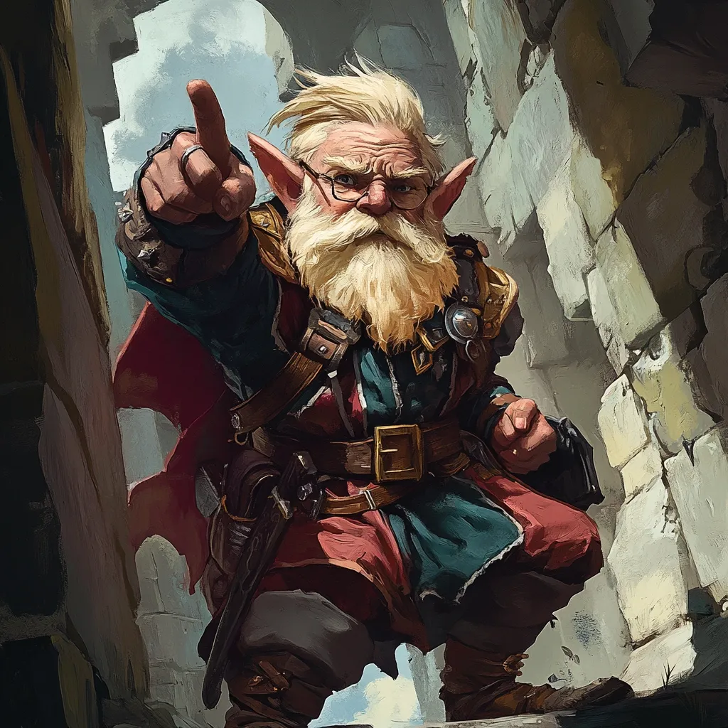 Here's a description of the image:

The illustration depicts a stout, elderly gnome with pointed ears and a long, flowing white beard. He wears glasses and a richly colored tunic in shades of burgundy and teal, cinched with a brown leather belt.  His attire suggests a blend of practicality and authority, with pouches and straps hinting at a traveler or adventurer.  He stands in a stone passageway, his index finger raised in a commanding gesture, directly addressing the viewer. The gnome's expression is serious, perhaps even stern, emphasizing his authoritative stance.  The background is a blurred but visible stone wall, contributing to the depth of field and highlighting the gnome as the focal point. The overall style leans toward fantasy art.