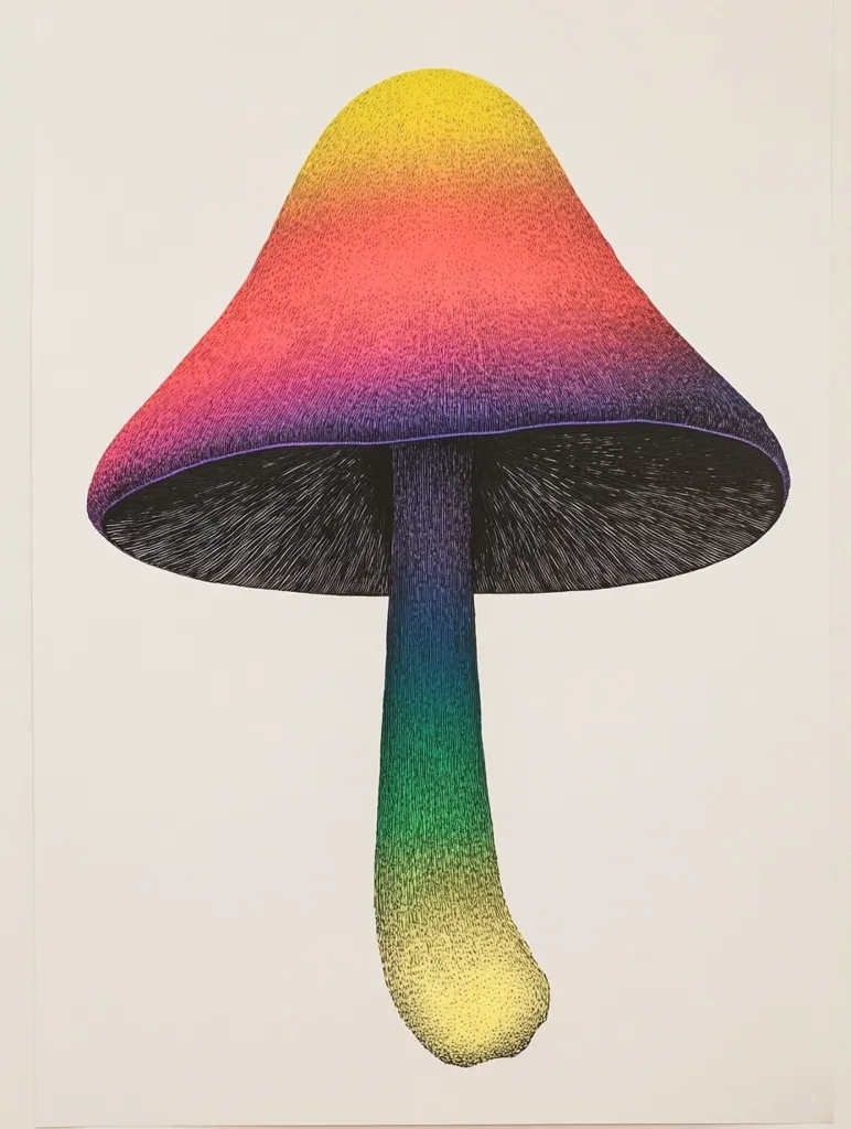 Here's a description of the image:

The image showcases a meticulously detailed drawing of a mushroom.  The cap is a vibrant ombre, transitioning from a sunny yellow at its peak to deep purple at the edges, with shades of orange, pink, and red in between. The stem mirrors this rainbow effect, starting with a pale yellow at the base and graduating through green and blue to purple where it meets the cap.  The entire mushroom is rendered with fine, hatched lines, giving it a textured appearance. The background is a plain, off-white. The style suggests a blend of scientific illustration and psychedelic art.