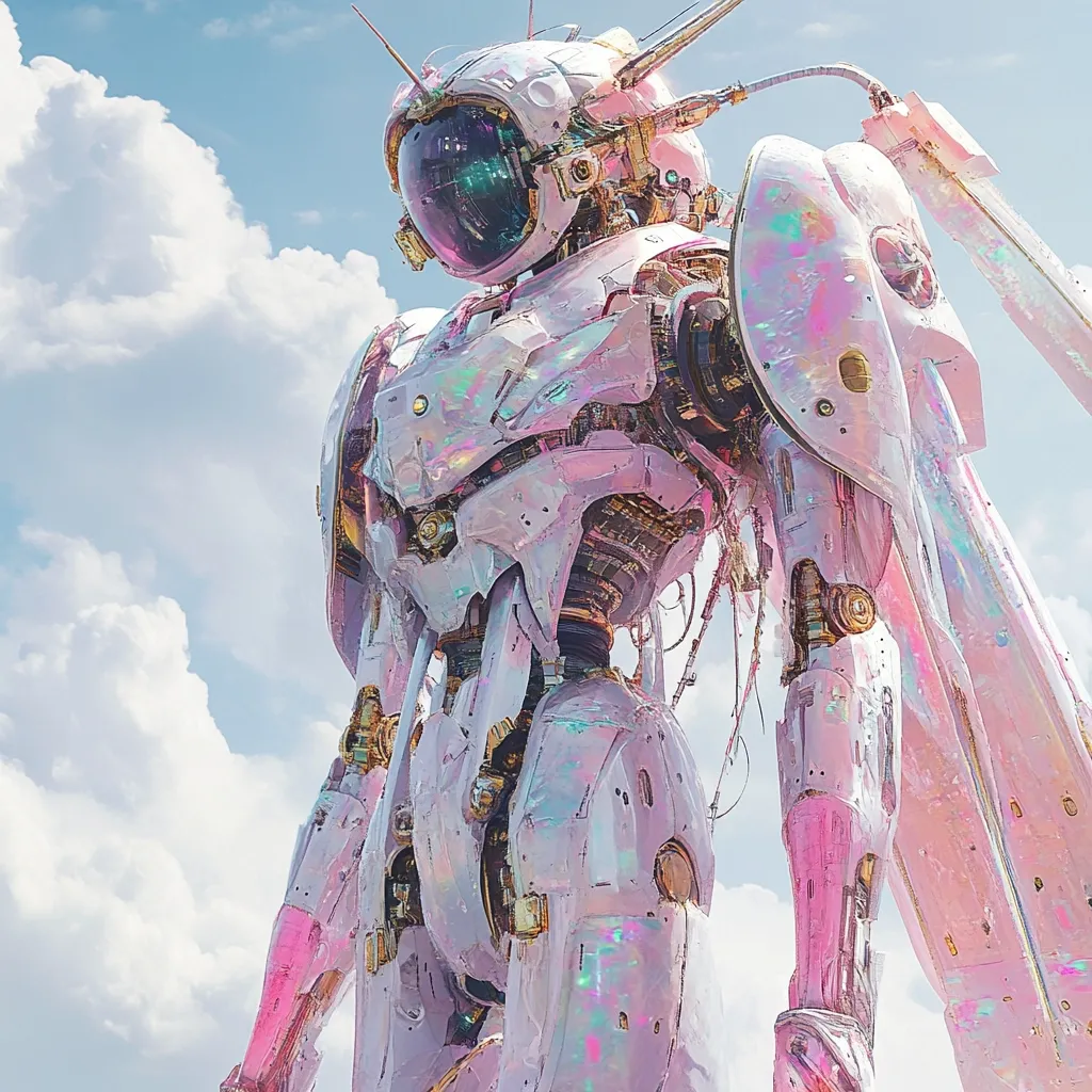 A colossal, pastel pink mecha stands against a bright blue sky dotted with fluffy white clouds. Its design is intricate, showcasing visible mechanical components and an iridescent finish.  The mecha has a helmet resembling a space suit and long, flowing appendages that extend from its back like wings. Gold accents highlight its joints and internal workings, creating a striking contrast against the soft pink exterior. The overall aesthetic is dreamlike and futuristic.