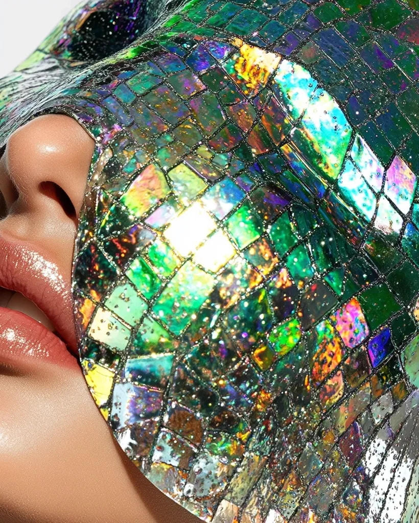 Close-up of a woman's face partially covered by a shimmering, iridescent face mask. The mask has a mosaic-like pattern with predominantly green, blue, and purple hues, reflecting light with a sparkly, glittery effect.  The woman's lips are glossy and full, contrasting with the mask's texture.  The overall impression is one of glamour and luxury, with a focus on the mask's unique design and the interplay of light and texture.