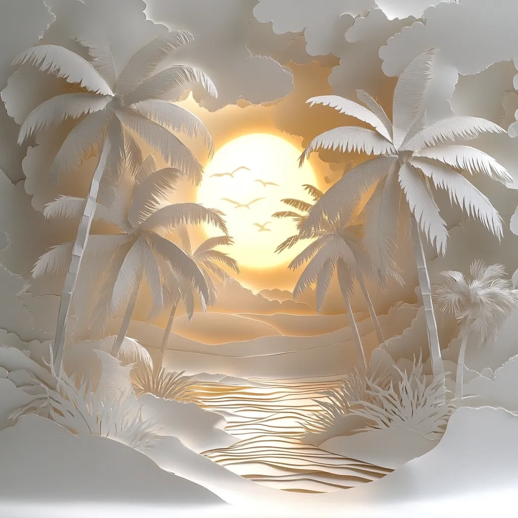 This image is a stunning piece of paper art depicting a serene tropical beach scene.  Intricate cut-paper palm trees stand tall against a backdrop of a glowing sun and subtly textured clouds.  The sand is rendered with layered paper creating a sense of depth, and a calm stream meanders through the foreground.  The overall effect is one of peaceful tranquility and exquisite craftsmanship. The use of light and shadow within the paper enhances the three-dimensional effect.
