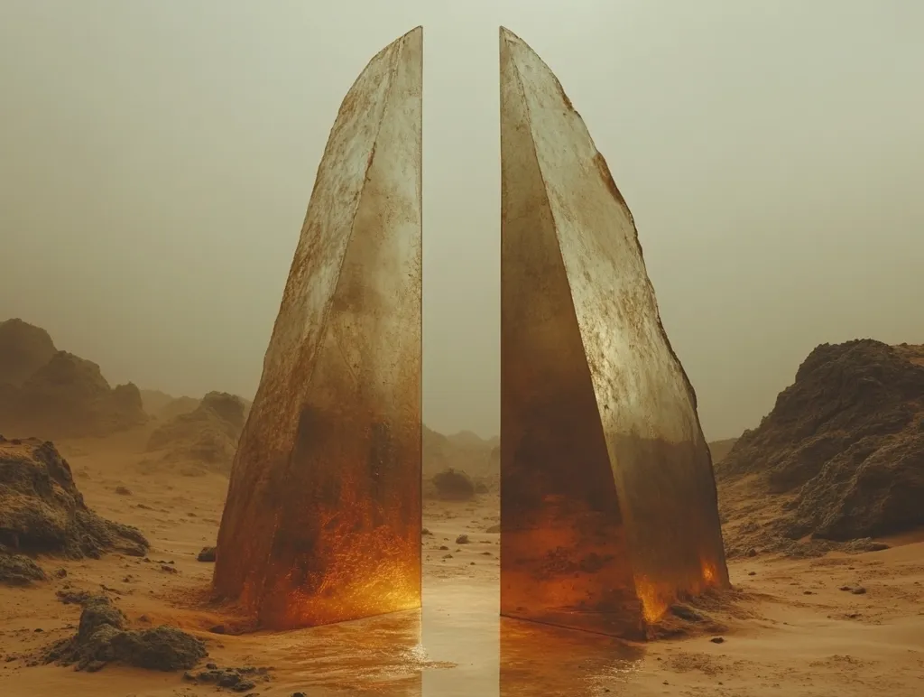 Here's a description of the image:

The image depicts two large, translucent, amber-colored monoliths standing upright in a desolate, sandy landscape.  The monoliths are sharply angled, almost like fractured shards, and seem to glow faintly from within. They stand slightly apart, creating a gateway or passage.  The surrounding environment is barren, with rocky outcrops and a hazy, dusty atmosphere giving an otherworldly feel.  A small pool of reflective water lies at the base of the monoliths, mirroring their warm glow. The overall impression is one of mystery and isolation, possibly suggestive of a science fiction or fantasy setting.