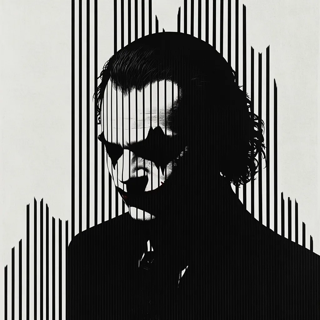 Here's a description of the image:

The image is a stylized black and white portrait of the Joker, seemingly inspired by Heath Ledger's portrayal. His face is partially obscured by a series of bold, vertical black lines that create a grid-like effect, suggesting confinement or a fractured identity.  The Joker's grim expression and characteristic makeup are still visible through the lines. The background is a muted gray, contrasting with the stark black and white of the figure. The overall style is graphic and dramatic, hinting at the character's chaotic and unsettling nature.