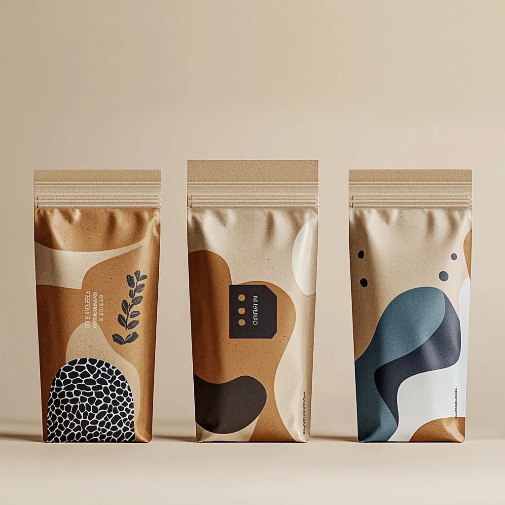 Three kraft paper pouches stand in a row against a beige backdrop. Each pouch features a unique abstract design in muted earth tones and dark accents, incorporating organic shapes and minimalist text.  The designs incorporate elements of  branch-like patterns, dots, and abstract fluid forms.  The pouches appear to be sealed at the top with a zipper closure. The overall aesthetic is modern, minimalist, and eco-friendly.