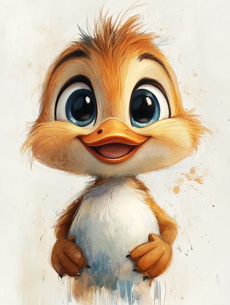 Here's a description of the image:

The illustration depicts a charming, cartoonish duckling.  Its large, expressive eyes are the focal point, conveying innocence and cuteness. The duckling's fluffy, orange-brown down is meticulously rendered, contrasting with its lighter-colored underbelly.  The posture is endearing, hands clasped in front, suggesting a shy yet inviting demeanor. The watercolor-like background adds to the whimsical, artistic feel, with soft splashes of color subtly framing the adorable subject. The overall style is digitally painted, mimicking a soft, textured watercolor effect.