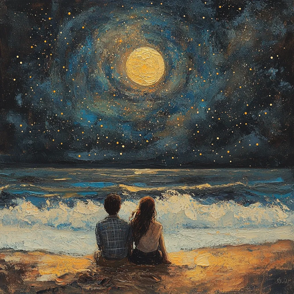A romantic painting depicts a couple sitting on a beach at night, gazing at a large, golden moon and a star-filled sky.  The ocean waves gently lap the shore, creating a peaceful atmosphere. The impasto style of the painting adds texture, emphasizing the celestial bodies and the movement of the water. The overall mood is serene and reflective, conveying a sense of love and tranquility under the night sky.