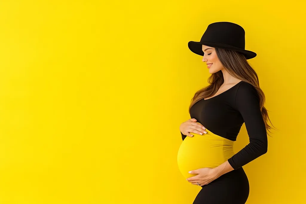 A pregnant woman, wearing a black dress and a black hat, stands in profile against a vibrant yellow background.  Her long brown hair cascades down her shoulders. She gently cradles her prominent yellow-banded baby bump, a serene expression on her face. The bright yellow backdrop contrasts sharply with her dark clothing, highlighting her pregnancy and creating a cheerful, expectant mood.