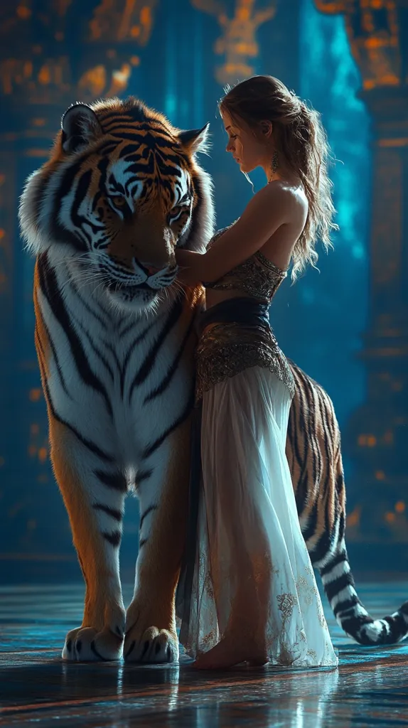 A woman in a flowing, gold-and-white gown stands close to a large tiger.  The tiger is positioned to her left, its body partially obscuring her.  The woman gently touches the tiger's flank, suggesting a bond between them.  The background is a blurred, mystical scene of deep blues and golds, hinting at a fantastical setting. The overall mood is serene and otherworldly, portraying a unique connection between human and animal.