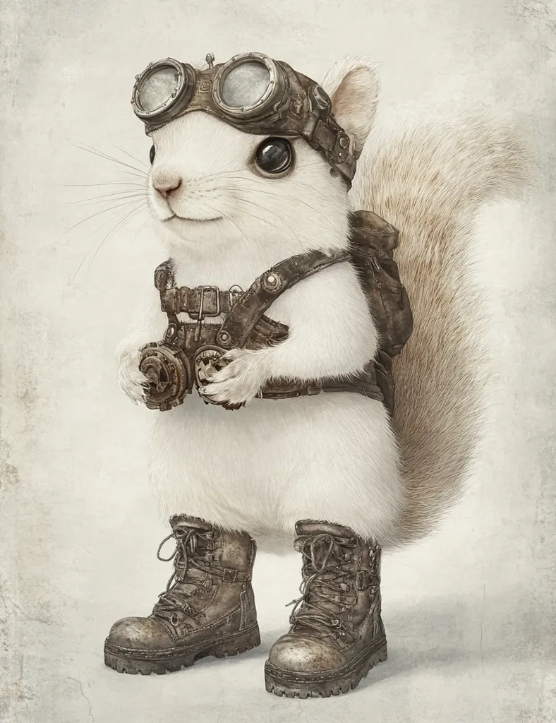 Here's a description of the image:

The illustration depicts a whimsical, anthropomorphic white squirrel dressed in steampunk-inspired attire.  It wears goggles, a harness-like vest with gears, a backpack, and heavy-duty combat boots.  The squirrel holds what appears to be a small, mechanical device.  The style is reminiscent of pencil or charcoal sketches, with a textured, aged background giving it an antique feel. The squirrel's expression is serious, suggesting a sense of adventure or purpose.