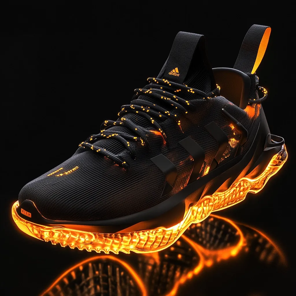 Here's a description of the image:

The image showcases a single, stylish Adidas sneaker, predominantly black, with a futuristic design.  The shoe features a textured, breathable upper, highlighted by orange laces with luminous dots.  The sole is translucent, with an orange glow emanating from within, creating a striking visual effect against the dark background. The Adidas logo is subtly visible on the tongue. The overall impression is one of high-tech athletic footwear with a bold, illuminated aesthetic.