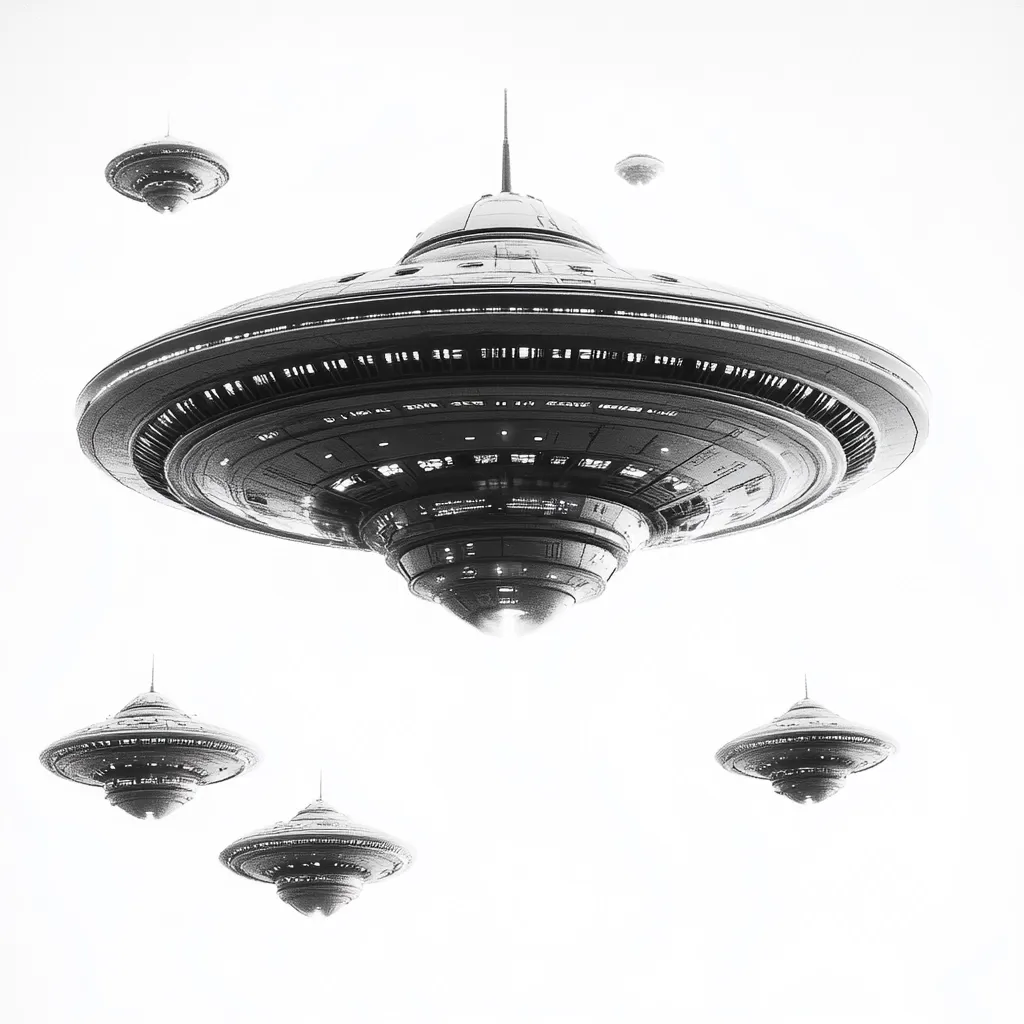 A black and white image depicts a fleet of five futuristic, saucer-shaped spaceships against a bright, white sky.  The largest spacecraft dominates the center, while four smaller vessels are scattered around it.  The ships are detailed, showing intricate designs and glowing lights, giving a sense of advanced technology. The overall impression is one of a science fiction scene, perhaps an alien visitation or a space exploration mission.