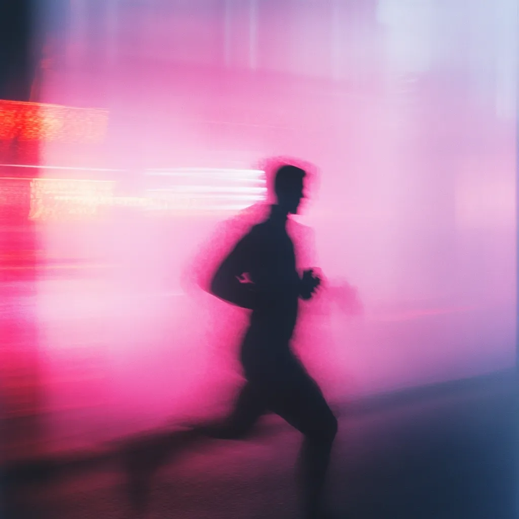 The image is a blurred, almost ethereal photograph of a person running.  The runner's silhouette is dark against a vibrant pink and purple background, suggesting motion blur.  Neon lights or similar bright streaks of light are visible in the background, adding to the dynamic, energetic feel of the picture. The overall effect is dreamlike and slightly abstract, focusing on the feeling of movement and speed rather than precise detail.