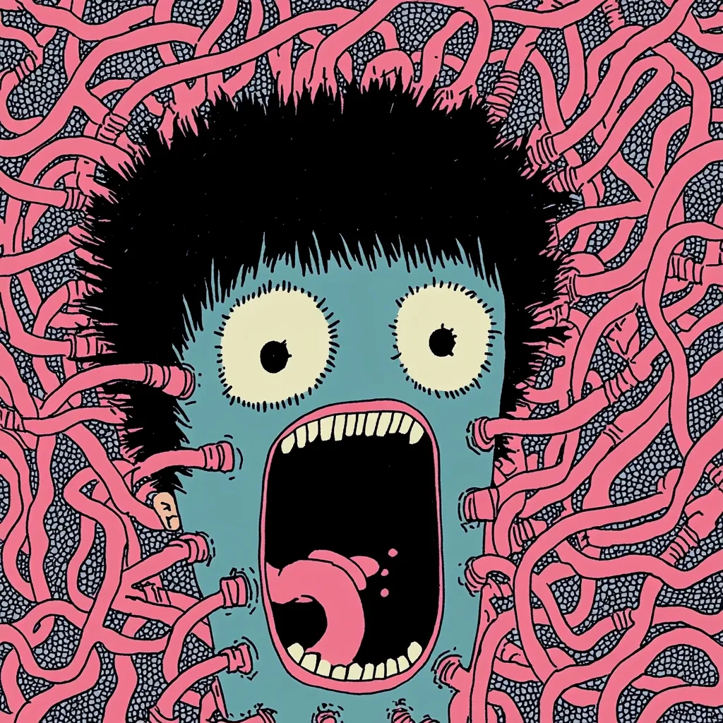 Here's a description of the image:

The illustration depicts a stylized cartoon creature with a large, open mouth revealing a pink tongue. Its face is teal, with wide, surprised eyes and spiky black hair. The creature is engulfed in a chaotic mass of intertwined, pink, tube-like structures that resemble tentacles or wires. The background is a textured pattern of small gray dots. The overall style is reminiscent of graphic novels or psychedelic art, with bold lines and contrasting colors creating a surreal and slightly unsettling effect.