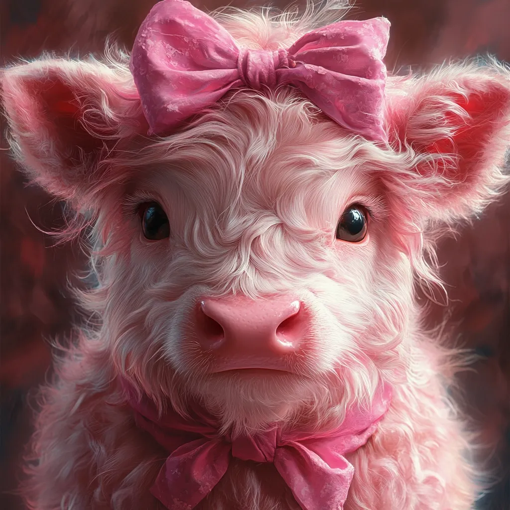 Here's a description of the image:

The image is a close-up portrait of a baby Highland calf. Its fur is a soft, pale pink, exceptionally fluffy and curly.  A large pink bow adorns its head, and a smaller, matching bow is tied around its neck as a neckerchief. The calf's large, dark eyes are prominent, and its pink nose is slightly upturned, giving it a somewhat serious yet endearing expression. The background is a blurred, dark reddish-brown, drawing focus to the adorable pink calf. The overall style is digitally painted, with a focus on realism and texture.