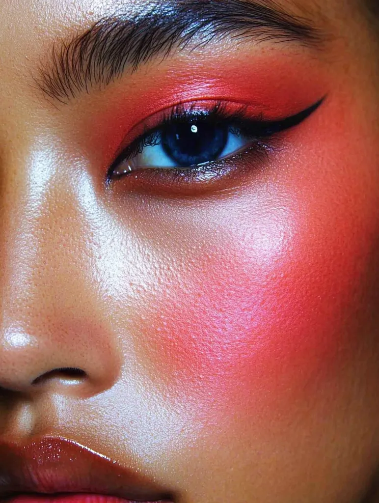 Here's a description of the image:

Close-up view of a person's eye and cheek, showcasing vibrant makeup.  The eye features a bold, coral-toned eyeshadow with a sharp, winged eyeliner. The blue eye is striking against the warm tones.  The cheek is highlighted with a similar coral blush, blending seamlessly into a lighter, almost iridescent highlight closer to the nose. The skin appears smooth and has a subtle sheen. The overall effect is a dramatic, yet polished, makeup look.