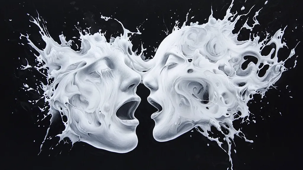 Here is a description of the image:

The artwork is a striking black and white abstract piece depicting two faces seemingly merging or separating in a dynamic splash of paint.  The white paint is rendered with texture and form, creating a sense of fluidity and motion. The faces, though partially obscured by the swirling paint, express a powerful emotion, possibly passion or conflict. The contrast between the white faces and the dark background emphasizes the energy and intensity of the moment captured.  The overall effect is both visually captivating and emotionally evocative.
