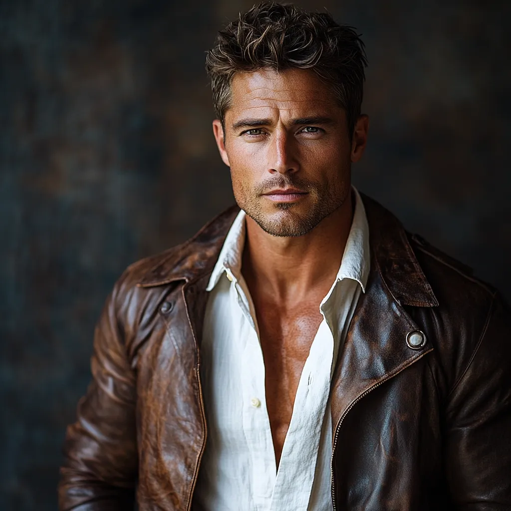 Here's a description of the image:

Close-up portrait of a handsome man with short, textured brown hair. He has intense, direct gaze and a strong jawline. He's wearing an open, off-white collared shirt under a brown leather jacket, the jacket slightly rumpled, giving a casual yet stylish feel.  The background is blurred, a dark, textured backdrop that contrasts with the man's lighter features and attire, drawing focus to his face and upper body. The overall mood is serious and intense, yet with a hint of rugged charm.
