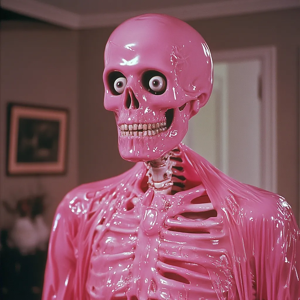The image shows a close-up of a pink, seemingly latex-covered skeleton.  The skull is prominent, with large, round eyes, and a slightly surprised expression.  The pink coating appears glossy and smooth, contrasting with the underlying bone structure.  The background is blurred, suggesting an indoor setting with hints of a framed picture and a doorway. The overall effect is surreal and slightly unsettling.